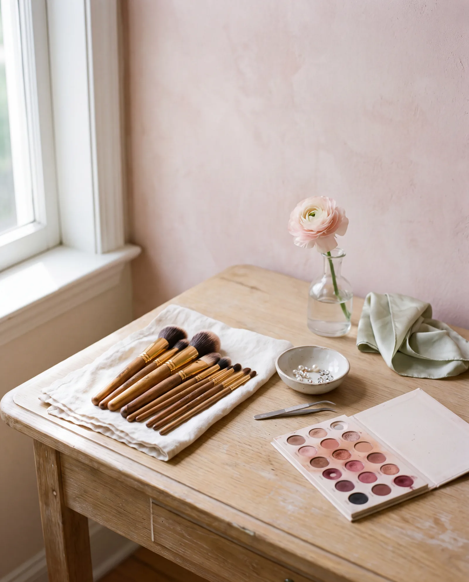 Mesa de trabajo de maquillista: brochas sobre lino, paleta en tonos nude y borgoña, perlas y un ranúnculo rosa.