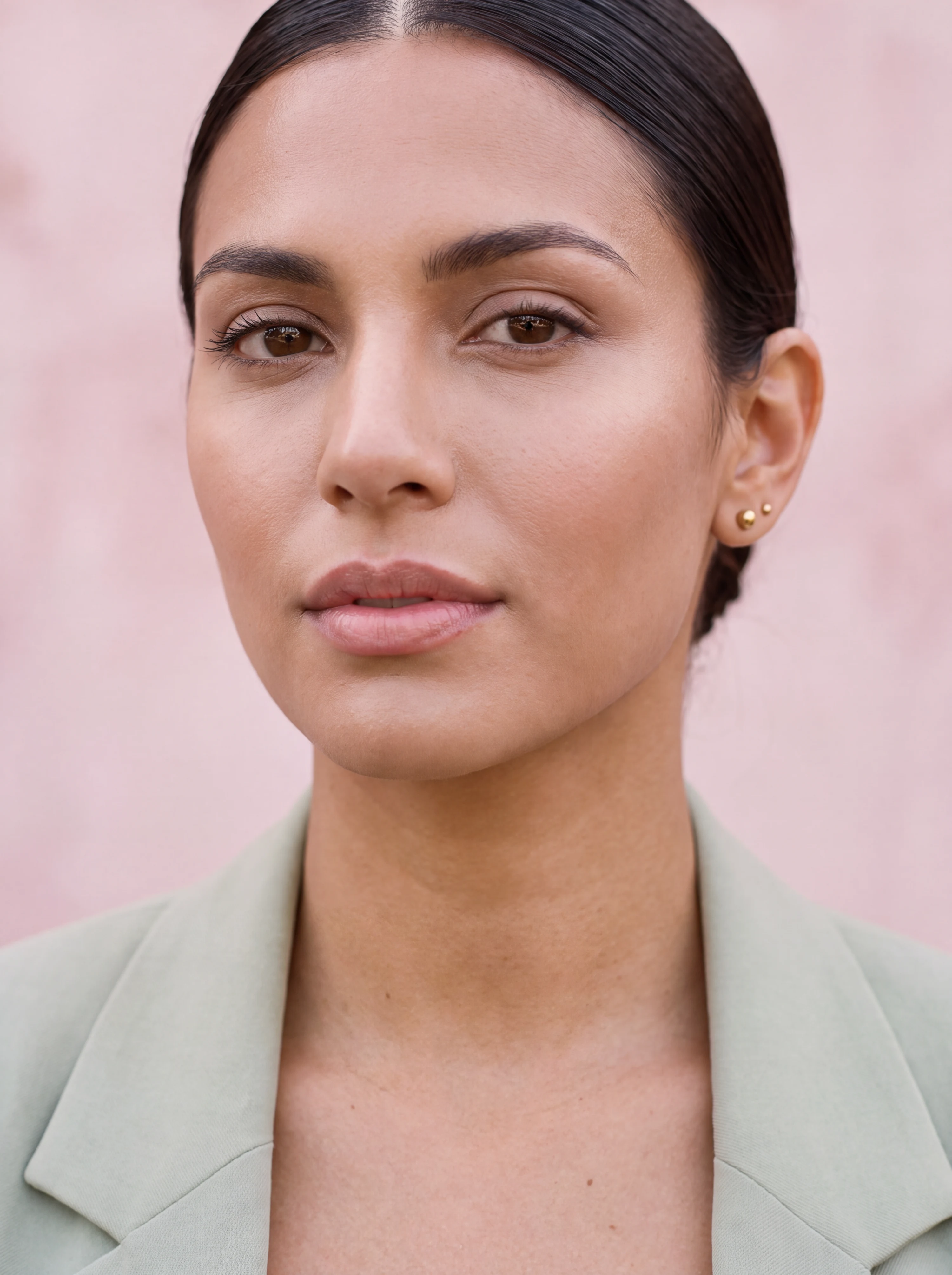 Modelo con maquillaje natural: piel luminosa, cejas peinadas y labios rosa nude.